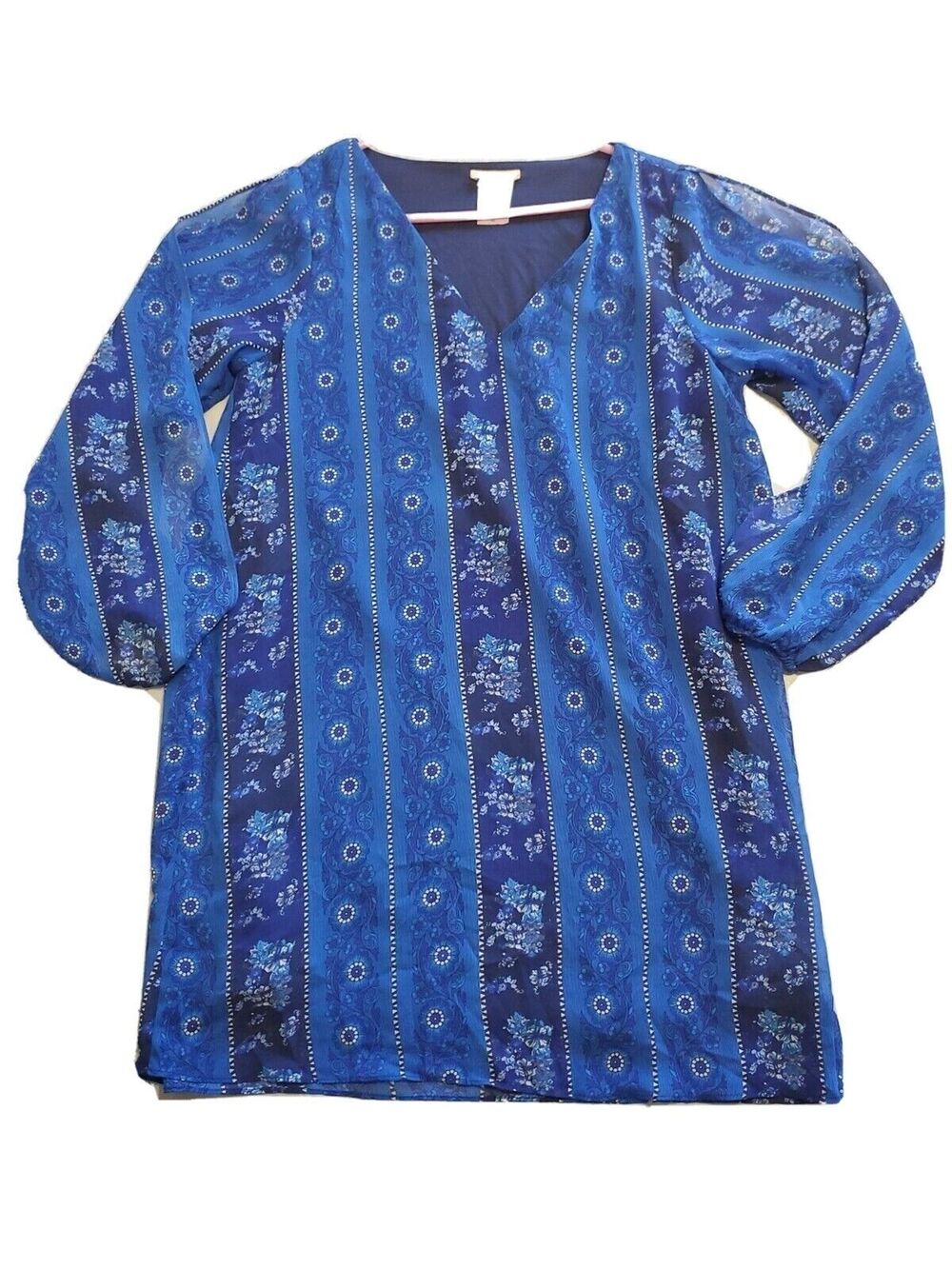 Juniors Mini Dress X Large Cold Sleeve Floral Sheer Overlay Blue Lined Intu